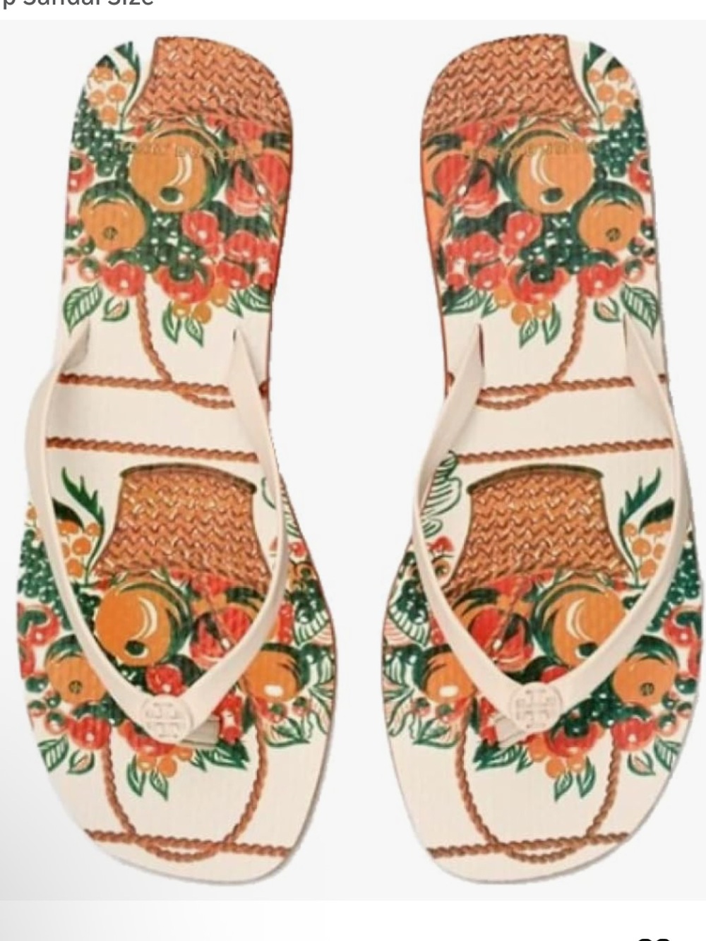 Tory Burch Cream Flip Flop Sandals with Orange & Green Fruit Basket